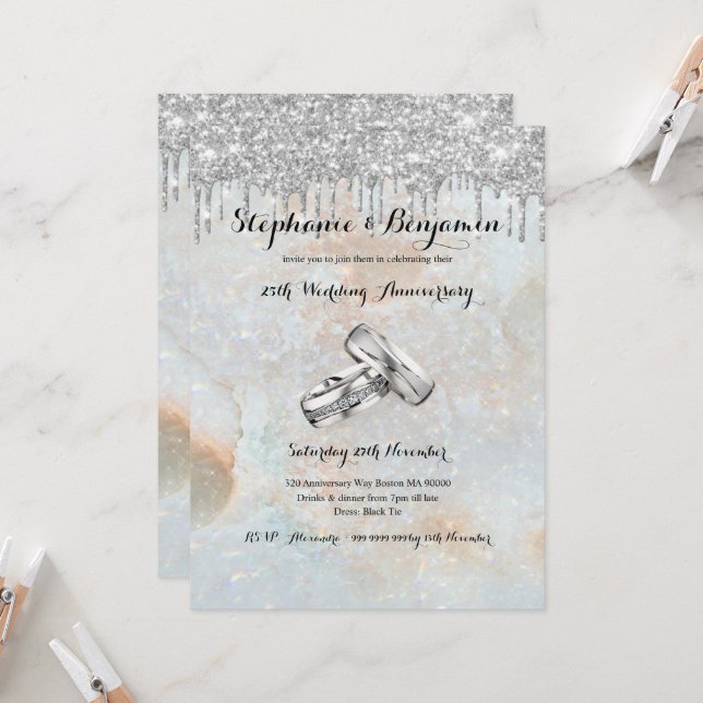 Silver Glitter Drips 25th Wedding Anniversary Chic Invitation (Front/Back In Situ)
