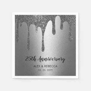 Silver Glitter Drips 25th Wedding Anniversary  Napkins