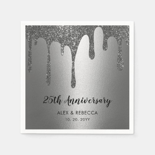 Silver Glitter Drips 25th Wedding Anniversary  Napkins