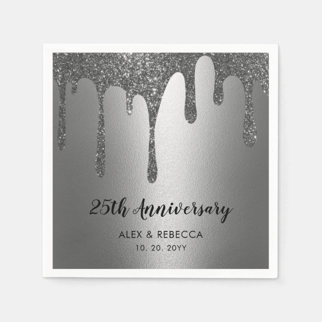 Silver Glitter Drips 25th Wedding Anniversary  Napkins (Front)