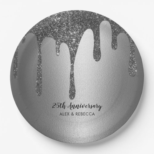 Silver Glitter Drips 25th Wedding Anniversary Paper Plates