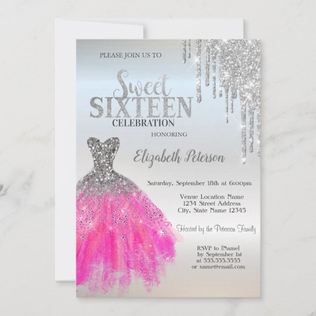Silver Glitter Drips,Adorable Dress Sweet 16  Invitation (Front)
