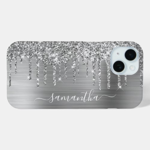 Silver Glitter Drips and Foil Girly Signature iPhone 15 Case