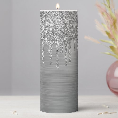 Silver Glitter Drips and Foil Pillar Candle