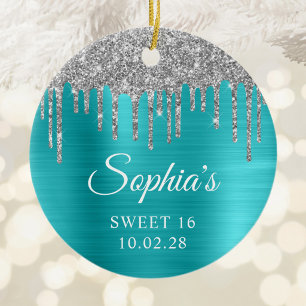 Silver Glitter Drips Aqua Blue Sweet 16 Photo Ceramic Ornament