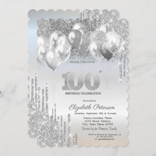  Silver Glitter Drips Balloons 100th Birthday Invitation