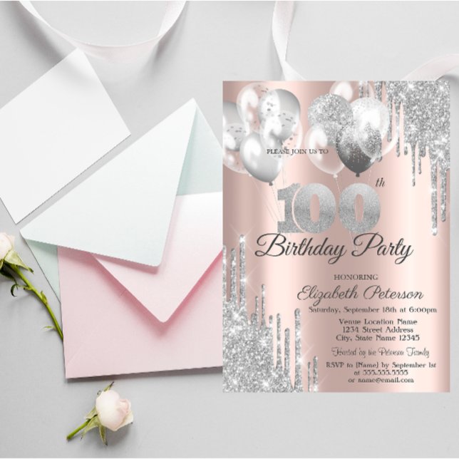 Silver Glitter Drips Balloons 100th Birthday Party Invitation (Creator Uploaded)