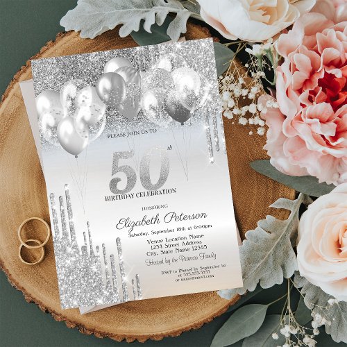  Silver Glitter Drips Balloons 50th Birthday Invitation