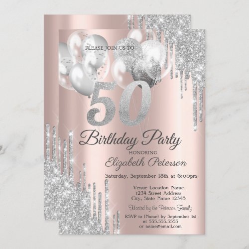 Silver Glitter Drips Balloons 50th Birthday Party Invitation