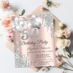 Silver Glitter Drips Balloons 50th Birthday Party Invitation<br><div class="desc">A modern,  chic,  and glamorous with silver glitter drips,  and balloons on a rose gold background.</div>