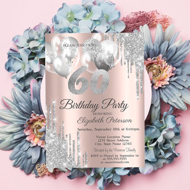 Silver Glitter Drips Balloons 60th Birthday Invitation (Creator Uploaded)