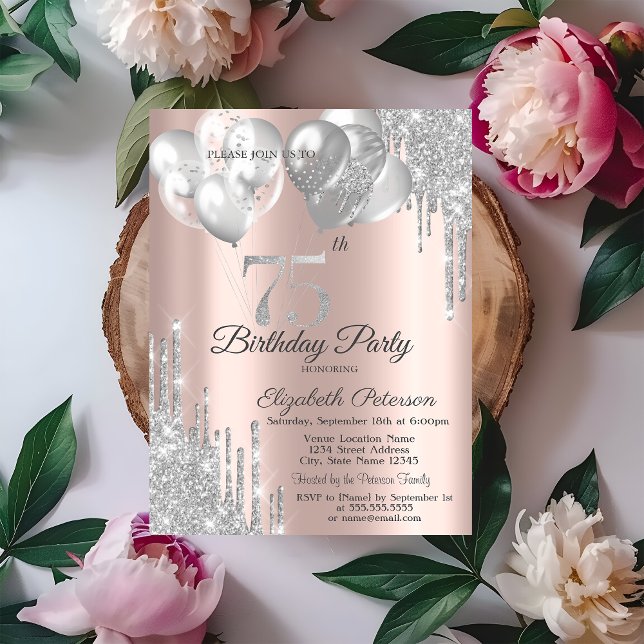 Silver Glitter Drips Balloons 75th Birthday  Invitation (Creator Uploaded)