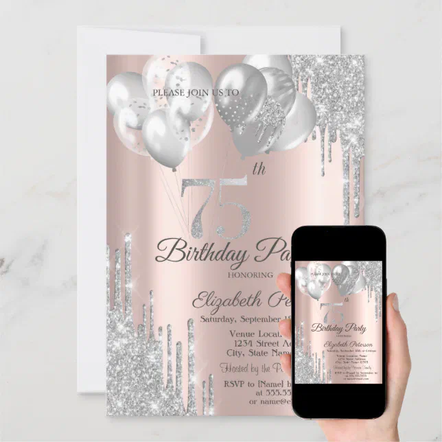 Silver Glitter Drips Balloons 75th Birthday Invitation | Zazzle