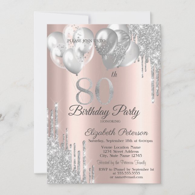 Silver Glitter Drips Balloons 80th Birthday  Invitation (Front)