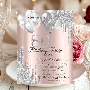 Silver Glitter Drips Balloons 80th Birthday  Invitation