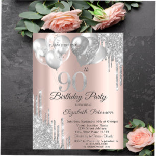 Silver Glitter Drips Balloons 90th Birthday  Invitation