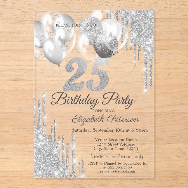 Silver Glitter Drips Balloons Blue Metallic 25th  Acrylic Invitations (Front)