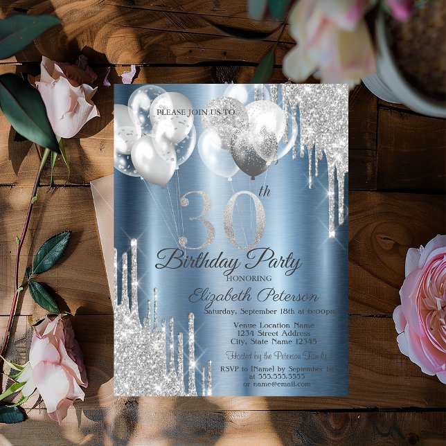Silver Glitter Drips Balloons Blue Metallic 30th  Invitation (Creator Uploaded)