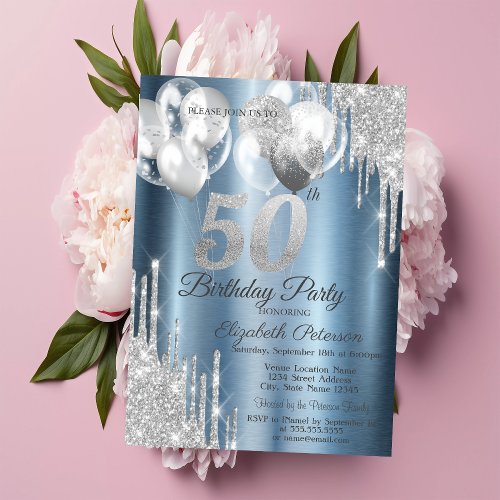 Silver Glitter Drips Balloons Blue Metallic 50th  Invitation