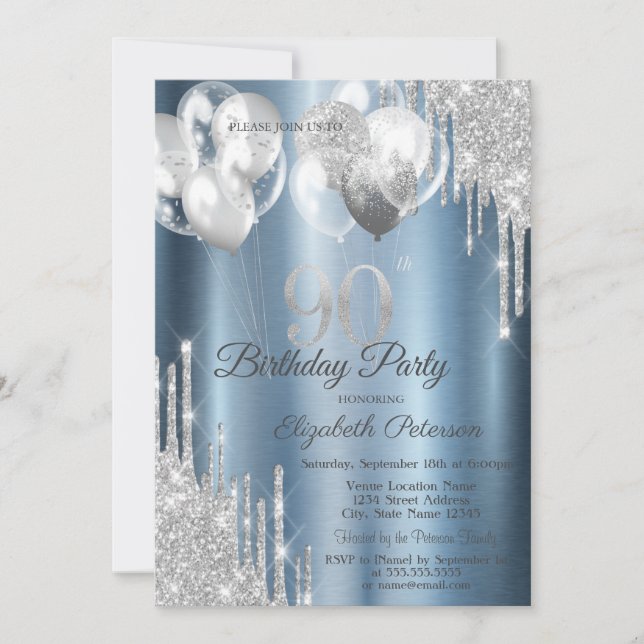 Silver Glitter Drips Balloons Blue Metallic 90th  Invitation (Front)