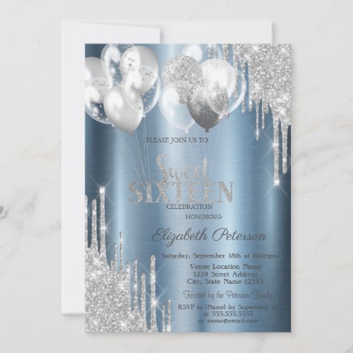 Silver Glitter Drips Balloons Blue Sweet 16 Invitation