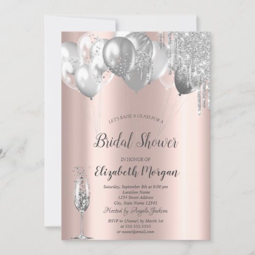 Silver Glitter Drips Balloons Bridal Shower Invitation