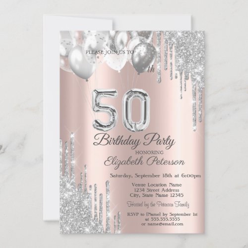 Silver Glitter Drips Balloons Rose Gold 50th Invitation