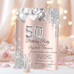 Silver Glitter Drips Balloons Rose Gold 50th Invitation