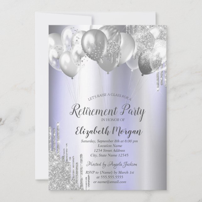 Silver Glitter Drips Balloons Violet Retirement  Invitation (Front)