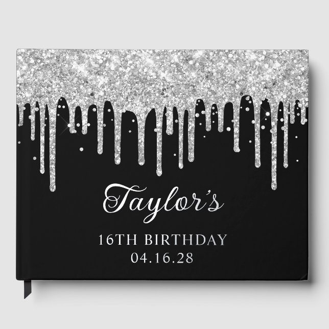 Silver Glitter Drips Black 16th Birthday Foil Guest Book (Front)