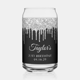 Silver Glitter Drips Black 21st Birthday Can Glass