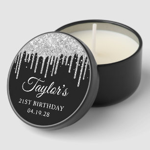 Silver Glitter Drips Black 21st Birthday Mini Candle Favors