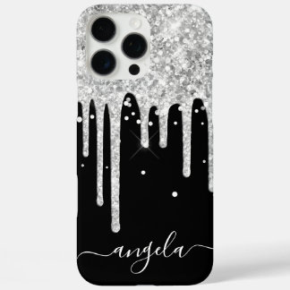 Silver Glitter Drips Black Glam Signature iPhone 16 Pro Max Case
