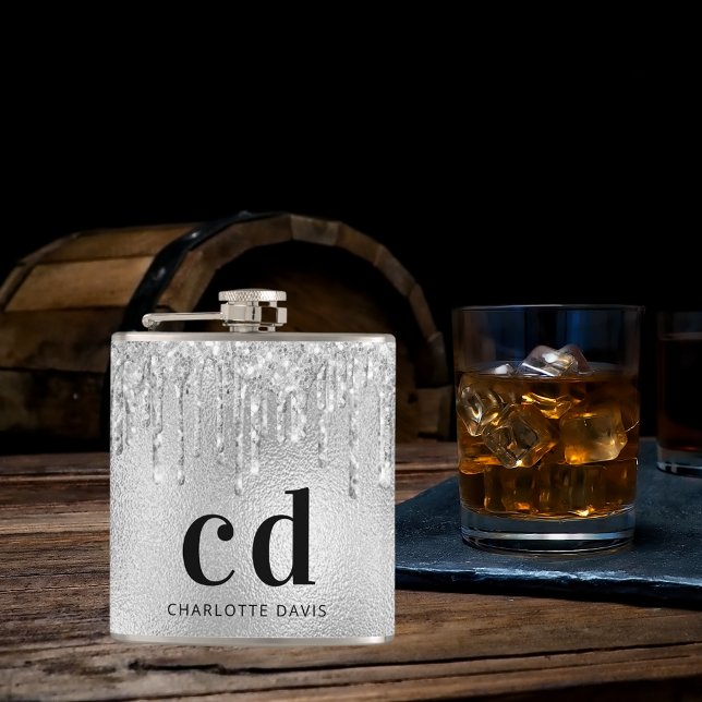 Silver glitter drips black monogram name flask (Creator Uploaded)