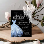 Silver Glitter Drips,Blue Dress Black Sweet 16  Invitation<br><div class="desc">Elegant blue dress and silver glitter drips on a black background.</div>