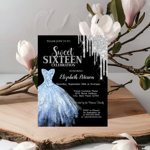 Silver Glitter DripsBlue Dress Black Sweet 16  Invitation
