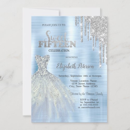 Silver Glitter Drips Blue Dress Blue Metallic  Invitation