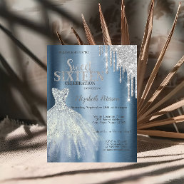 Silver Glitter Drips,Blue Dress Metallic Sweet 16 Invitation