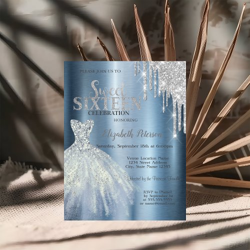 Silver Glitter DripsBlue Dress Metallic Sweet 16 Invitation