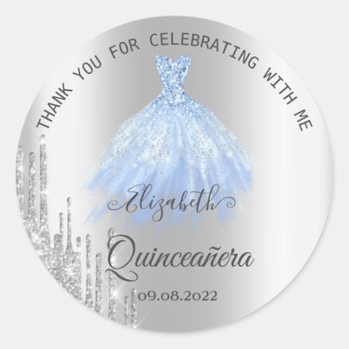 Silver Glitter Drips Blue Dress Quinceaera Classic Round Sticker