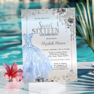 Silver Glitter Drips,Blue Dress Roses Sweet 16 Invitation