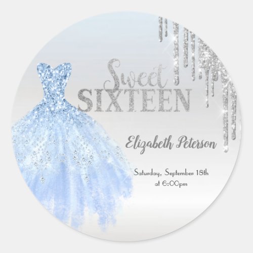 Silver Glitter DripsBlue Dress Silver Sweet 16  Classic Round Sticker