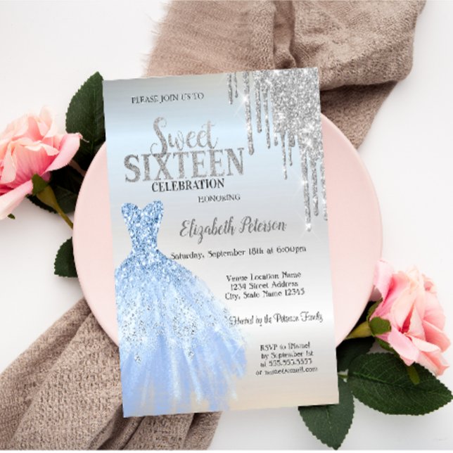 Silver Glitter Drips,Blue Dress Silver Sweet 16  Invitation (Creator Uploaded)