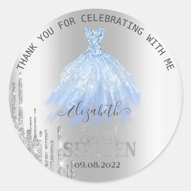 Silver Glitter Drips Blue Dress Sweet 16  Classic Round Sticker (Front)