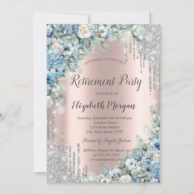  Silver Glitter Drips Blue Flowers Retirement Invitation (Front)