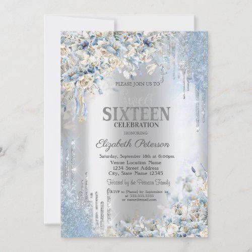 Silver Glitter Drips Blue Flowers Sweet 16 Invitation