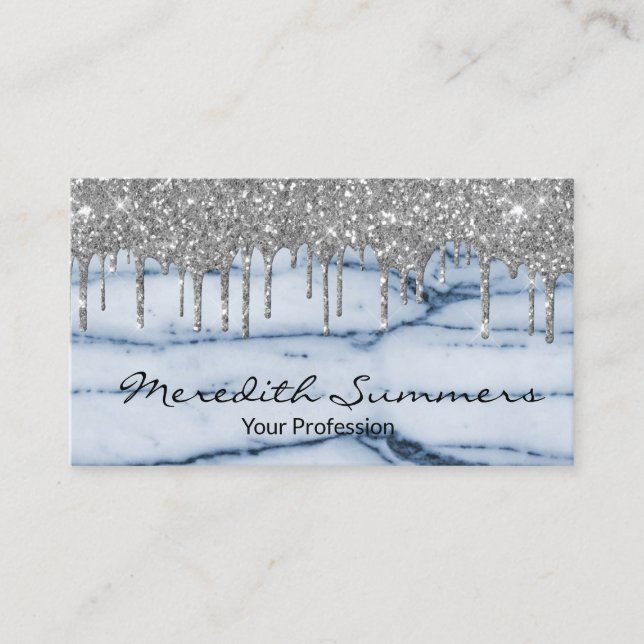 Silver Glitter Drips Blue Marble Customize Glitter Business Card (Front)