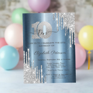 Silver Glitter Drips Blue Metallic 10th Birthday  Invitation