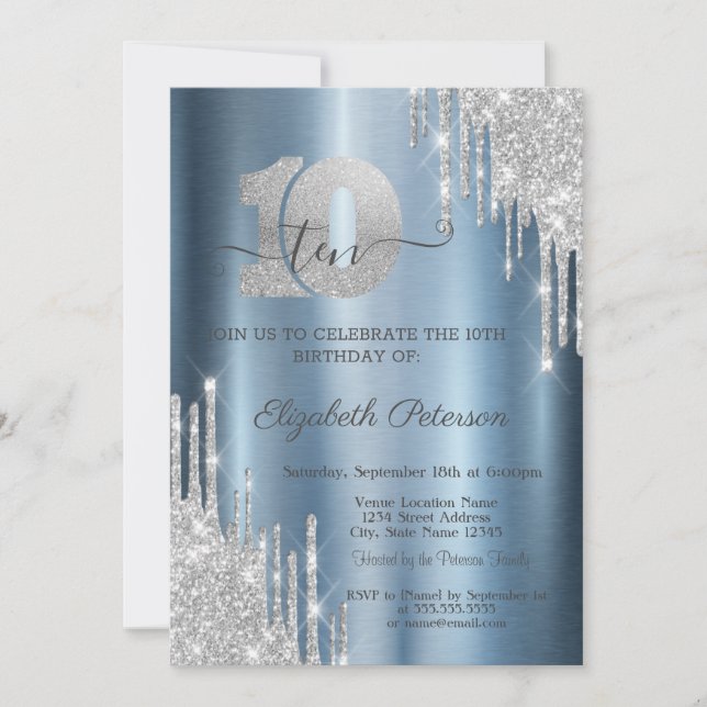 Silver Glitter Drips Blue Metallic 10th Birthday  Invitation (Front)