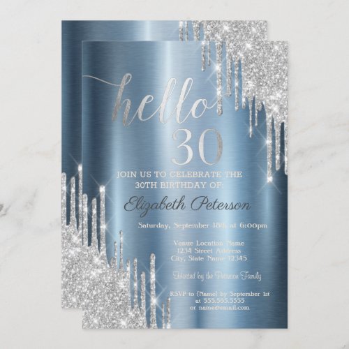 Silver Glitter Drips Blue Metallic 30th Birthday Invitation